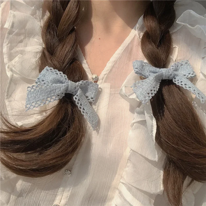 2Pcs Sweet White Lace Bowknot Hair Clips for Baby Girls Boutique Bows Hairpins Barrettes Rubber Band Headwear Hair Accessories