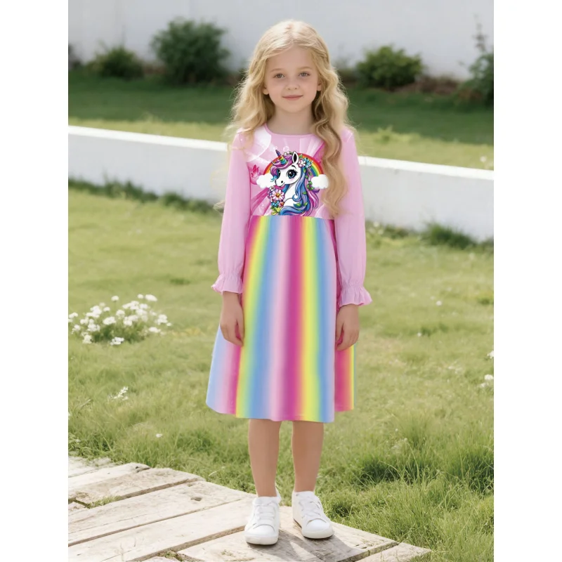 Girls Long Sleeve Unicorn Rainbow Dress Cute Floral Cartoon Print Casual Midi Dress for Kids 2026