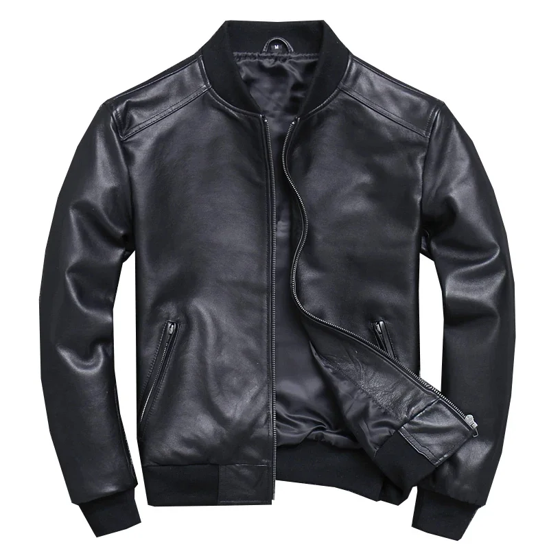 

Black Aviation Genuine Leather Bomber Jacket Men Pilot Sheepskin Real coat short Slim business jacket leather