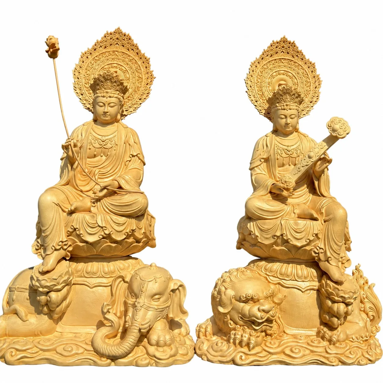 Hand Carved Hinoki Wood Manjushri Bodhisattva Statue for Traditional Chinese Buddhist Living Room Temple Decor Gift