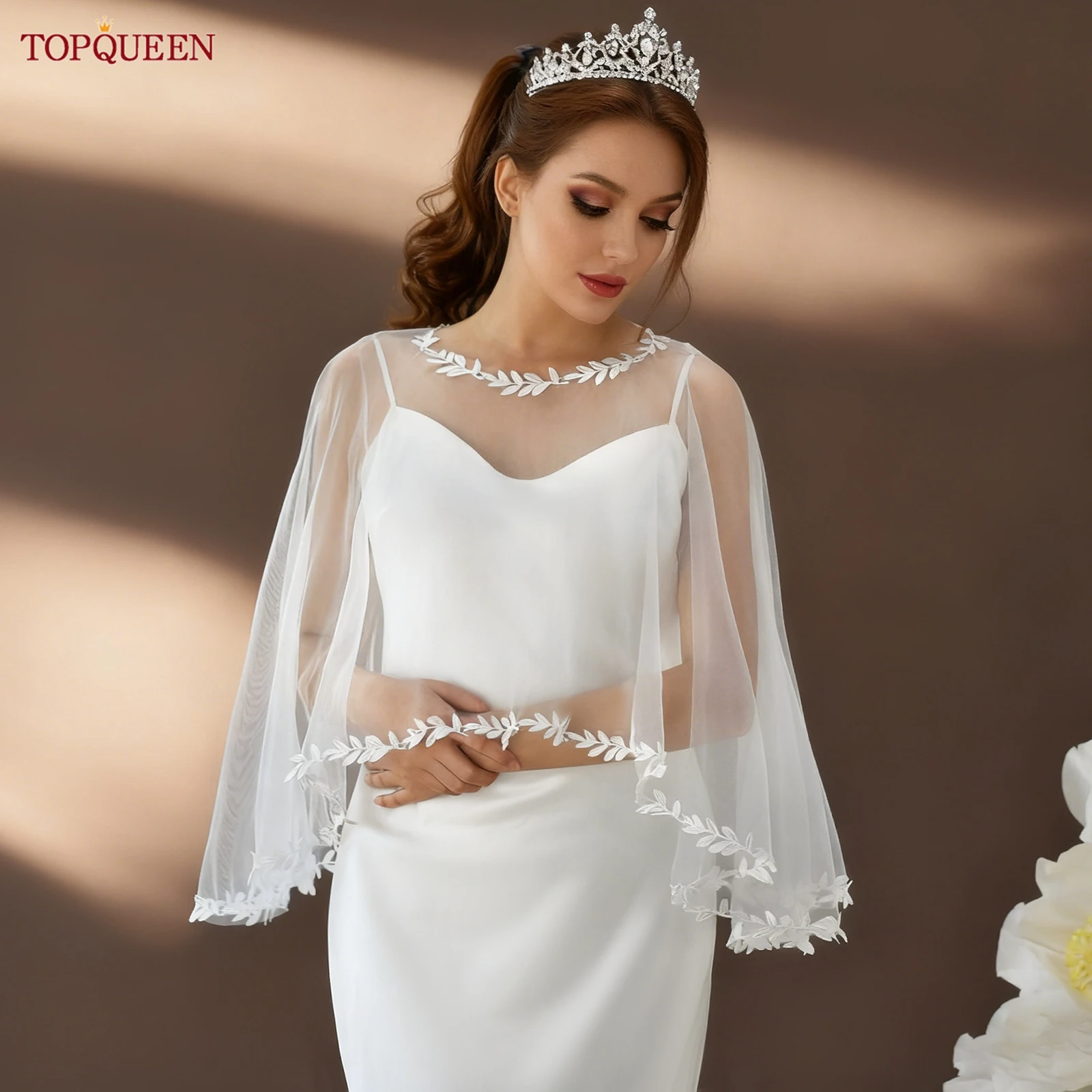 

TOPQUEEN шаль для невесты с кружевными краями в форме листа, кружевное вечернее платье, пальто «сделай сам», свадебное платье со съемными рукавами для подруги, болеро Mg33