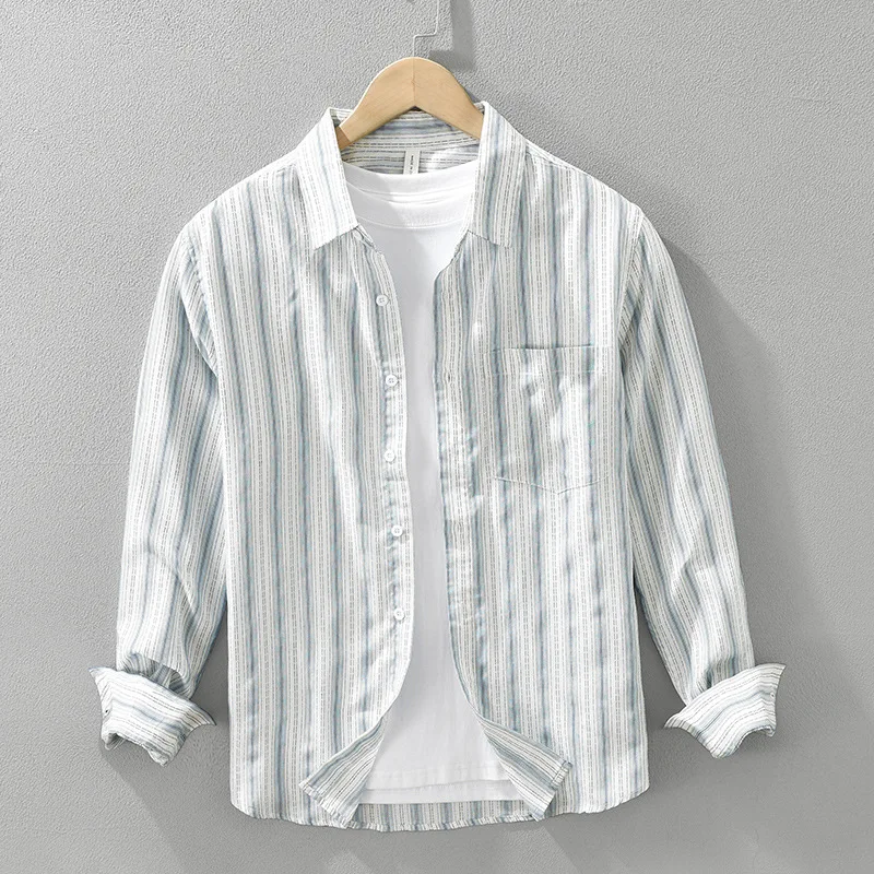 65% Cotton, Daily Casual Striped Loose Leisure Long-sleeved Shirt  Men, Breathable, Sweat-absorbent Beach Sun Protection Jacket.