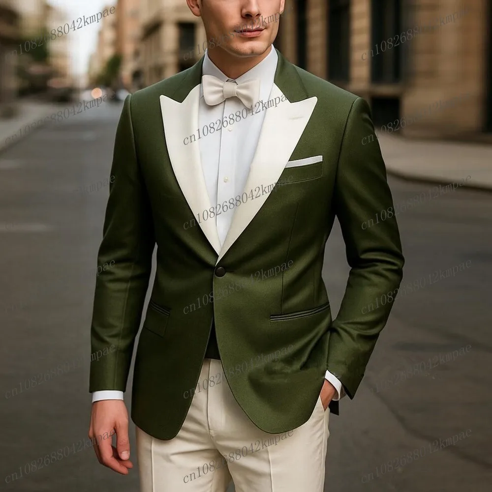 

New Army Green And Ivory Men Formal Tuxedos Groom Groomsman Wedding Party Prom Male Business Suit 2 Piece Set Blazer Pants