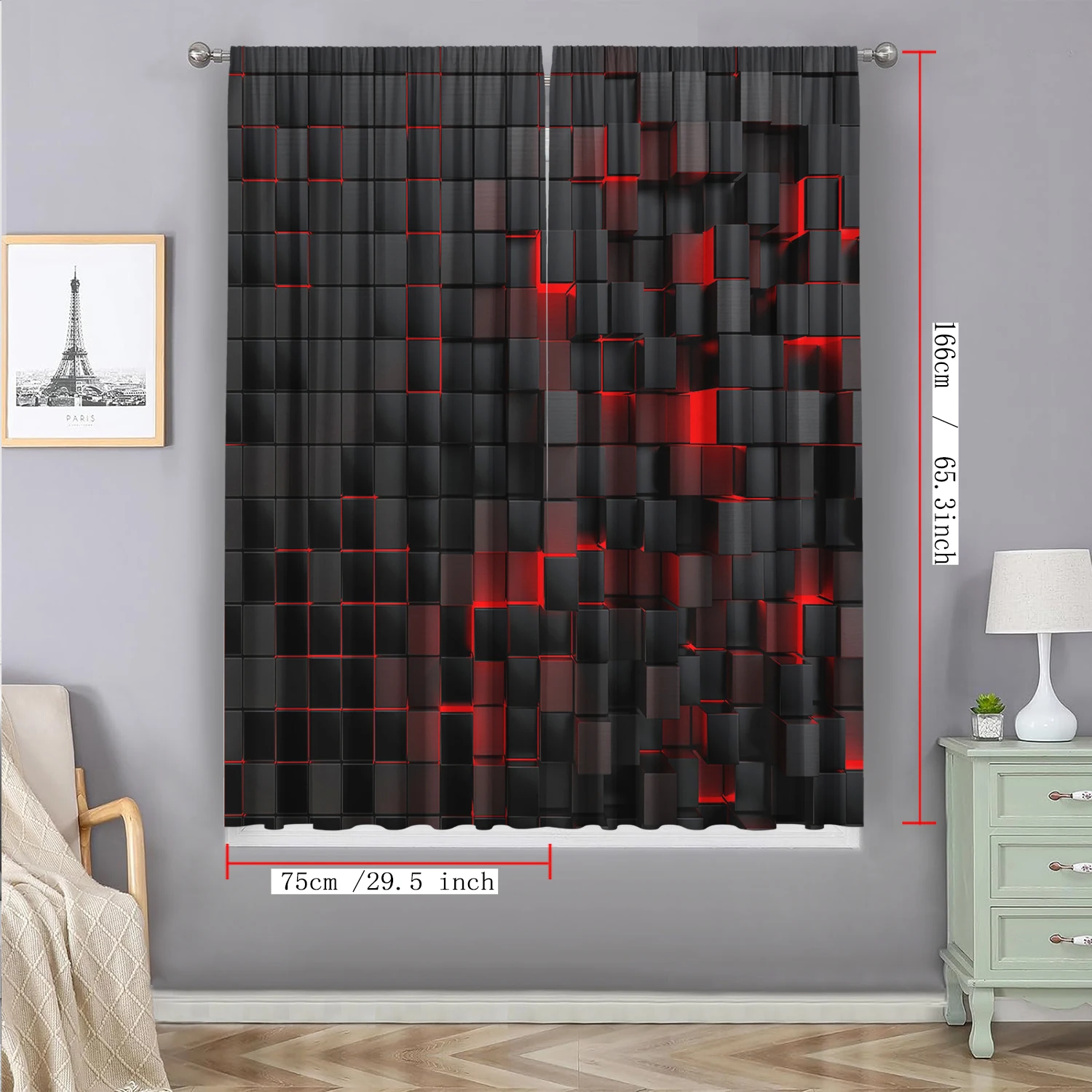 2PC Home Decoration Curtains With Red Background And Rod Pocket Curtains, Kitchen, Coffee Shop, Living Room, Balcony, Garden