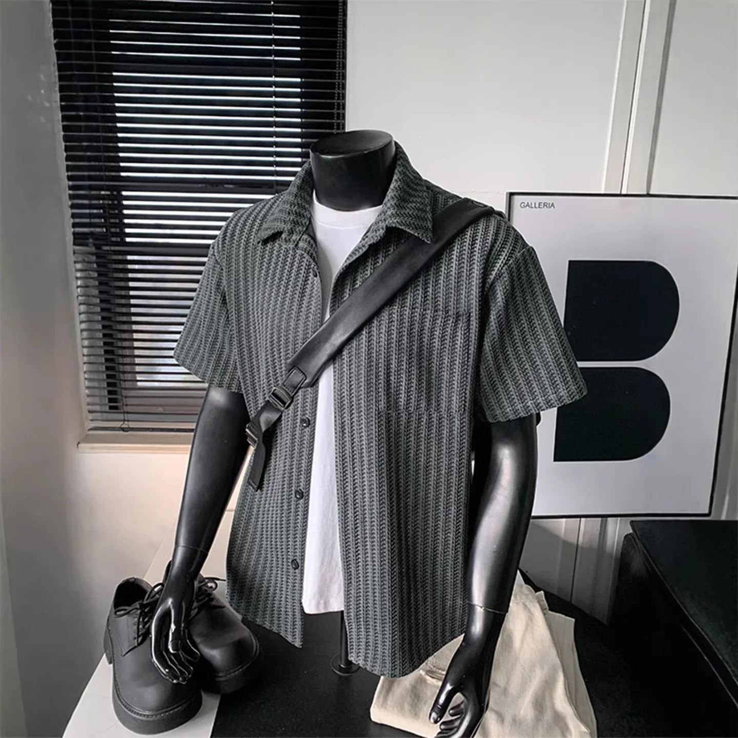 Fish Bone Pattern Short-sleeved Shirt Men's 2026 Summer Casual Jacket Striped Shirt