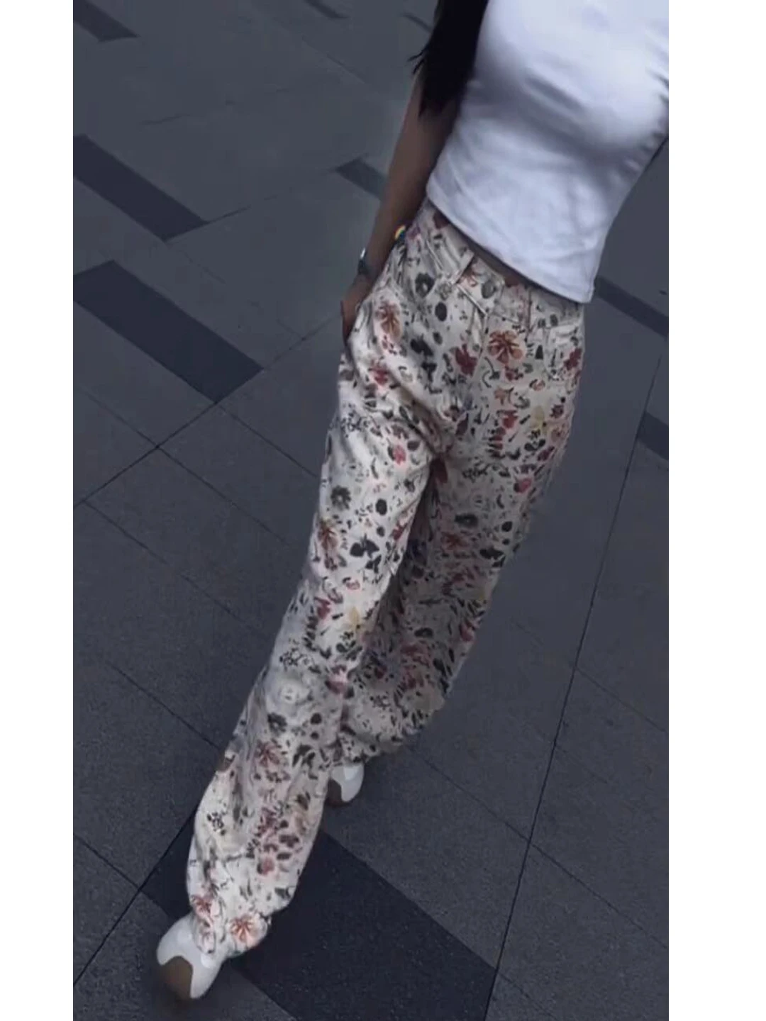 

Retro Floral Print Casual Pants Women's High Waist Slimming Fashionable Straight Leg Long Pants Summer New Style Denim Jeans