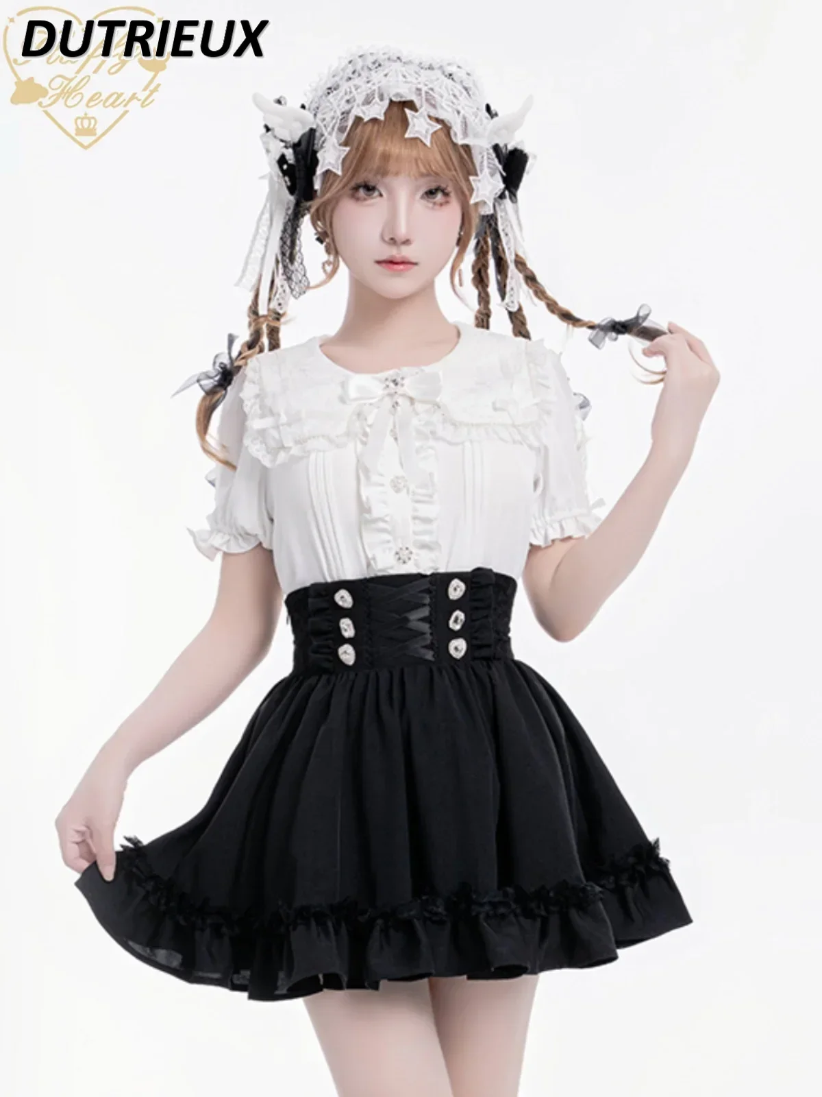 여름 새 일본 달콤한 소녀 블라우스 레이스 네이비 칼라 반팔 셔츠 다목적 싱글 브레스트 슬림 피팅 귀여운 탑