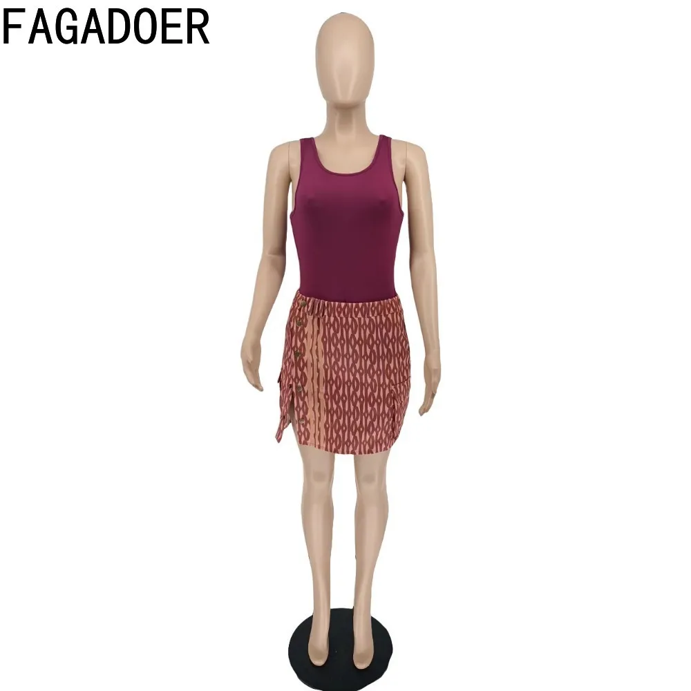 FAGADOER Elegant Lady Print Skirts Two Piece Sets Women Round Neck Sleeveless Vest And Mini Skirt Outfits Female 2pcs Streetwear