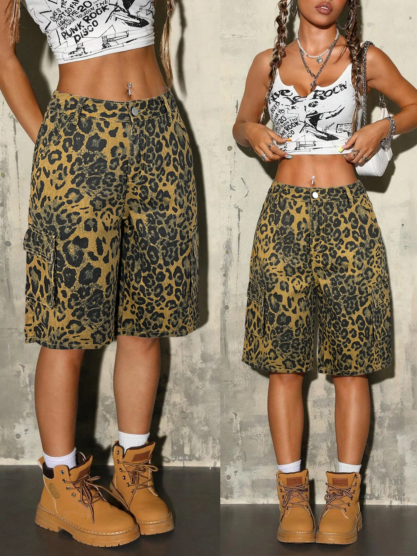 

Y2k Ретро леопардовый принт Свободные джинсовые шорты-карго Женские модные наклонные карманы с наклонными клапанами Спецодежда Бермуды Повседневные шорты на лето