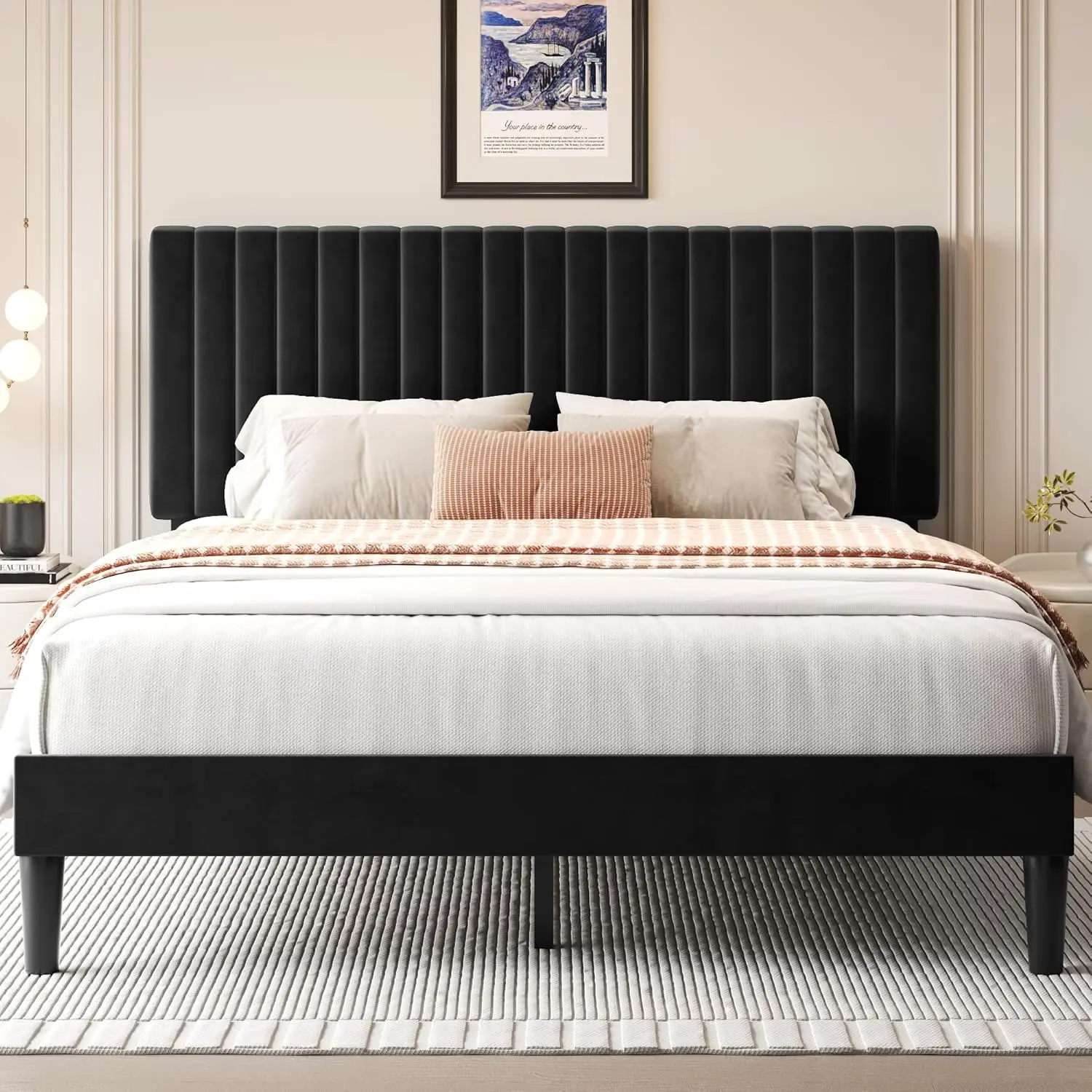 Queen Bed Frame With Adjustable Headboard, Upholstered Velvet Bed Frame, Platform Bed Frame, Under-Bed Storage, No Box Spring