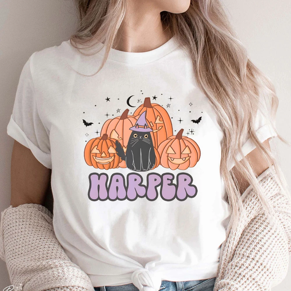 Halloween Bat T-shirts Halloween Lovely Cat  Women's Clothing Halloween Cute Pumpkin Shirt's for Women Black Moon Women Clothing