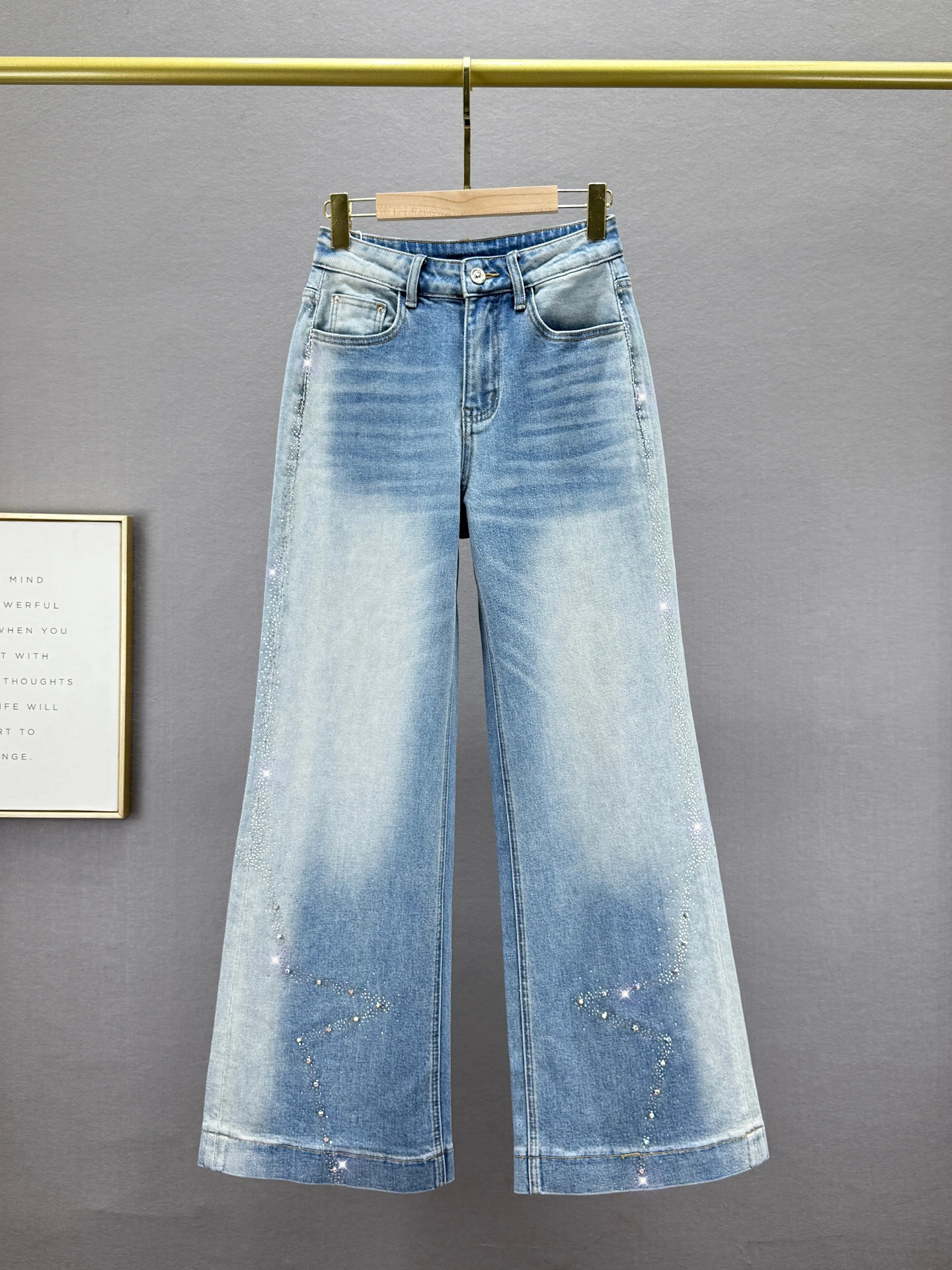 

High Waist Wide Leg Jeans Women's Floor-Length Pants Star Rhinestone Embellied Spring New Sle Loose Fit Slimming European...