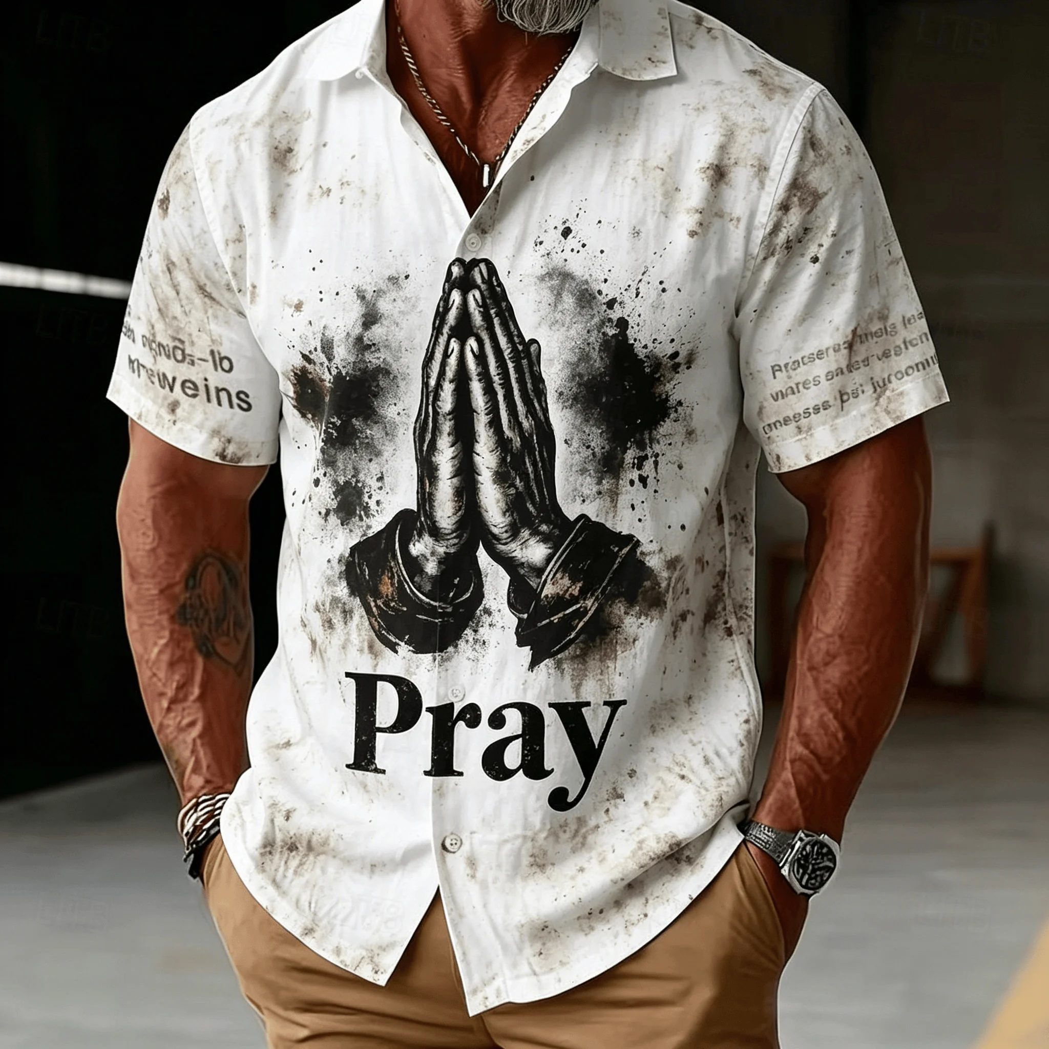 Men's Gothic Rose Print Short Sleeve Shirt, Casual Button Down with Thorn Crown & Vintage Wash Effect for Spring Summer