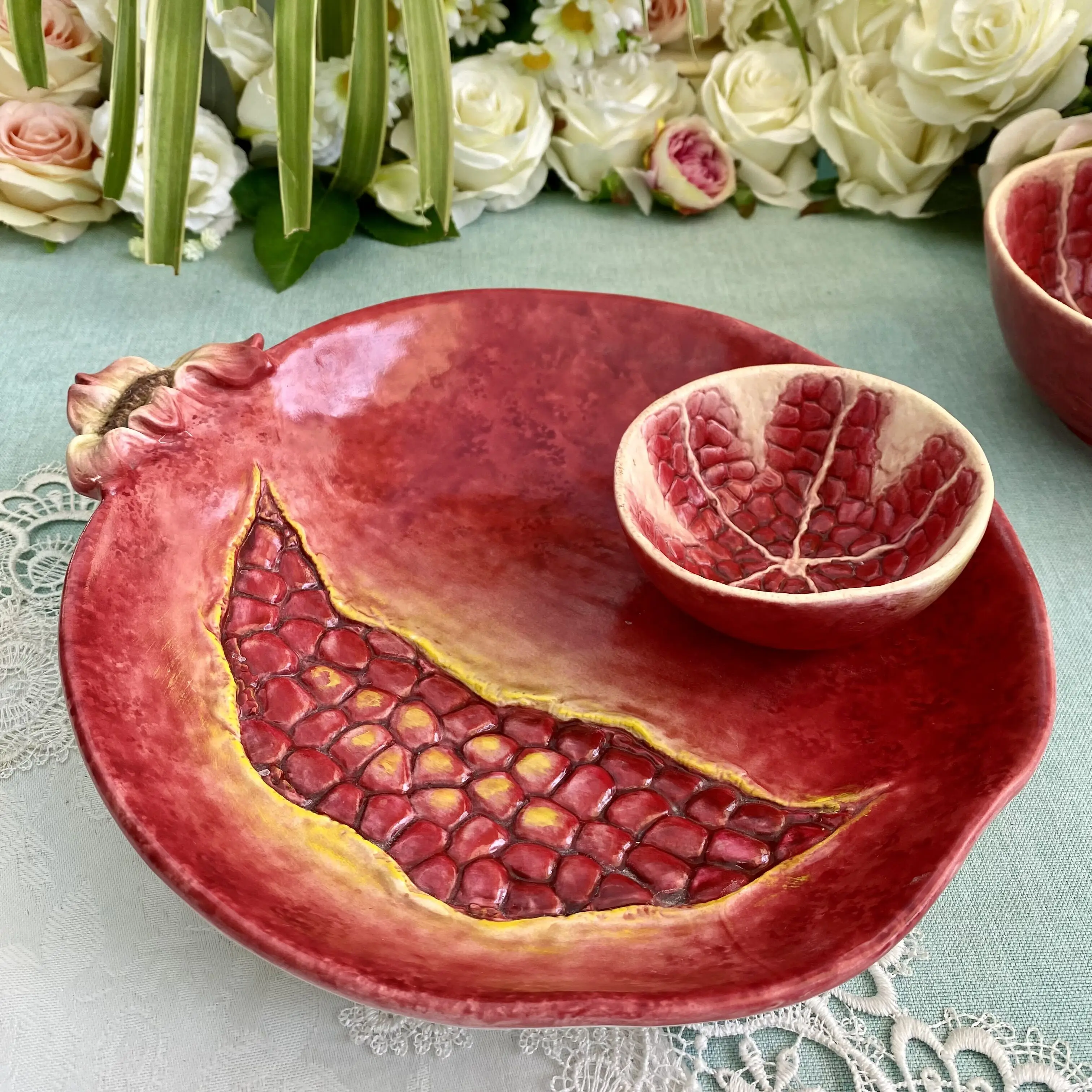 

Red Pomegranate Ceramic Dried Fruit Plate, Candy Storage Tray, Home Decor, Wedding Decoration, Kitchen Dumplings, Salad Plate