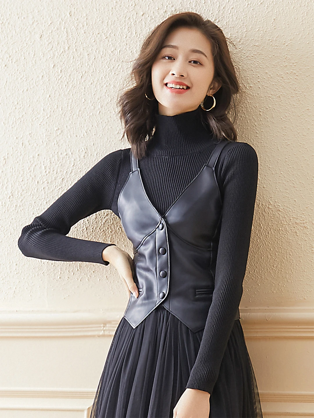 

Кожаный жилет в стиле ретро Bla с ремешком, женская верхняя одежда, зимняя новинка, Sle Aivimo Commute Sle V-ne, смесь полиэстера