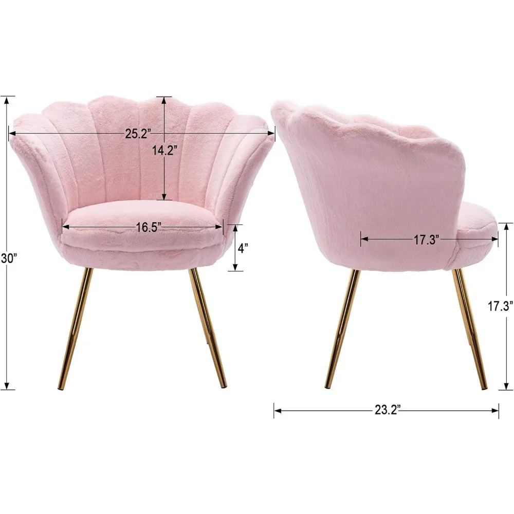 Plush Faux Fur Upholstered Living Room Chair, Comfy Accent Seashell Chair Light Pink Barrel Vanity Chair with Gold Legs