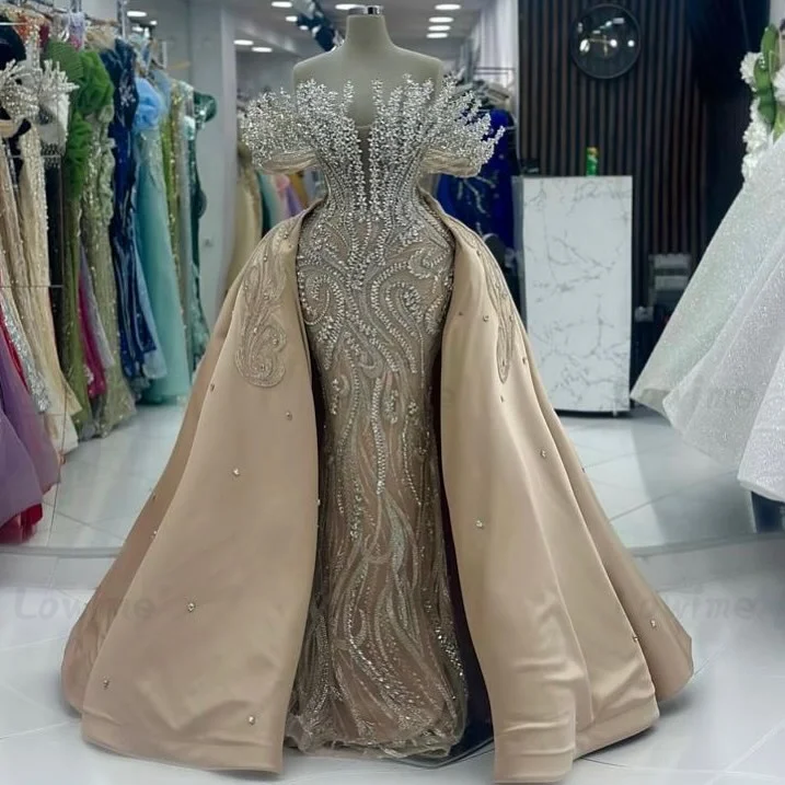 أنيقة الشمبانيا فساتين لحضور الحفلات الموسيقية قبالة الكتف بلورات حورية البحر فستان المشاهير مع تنورة 2026 العربية دبي فساتين السهرة