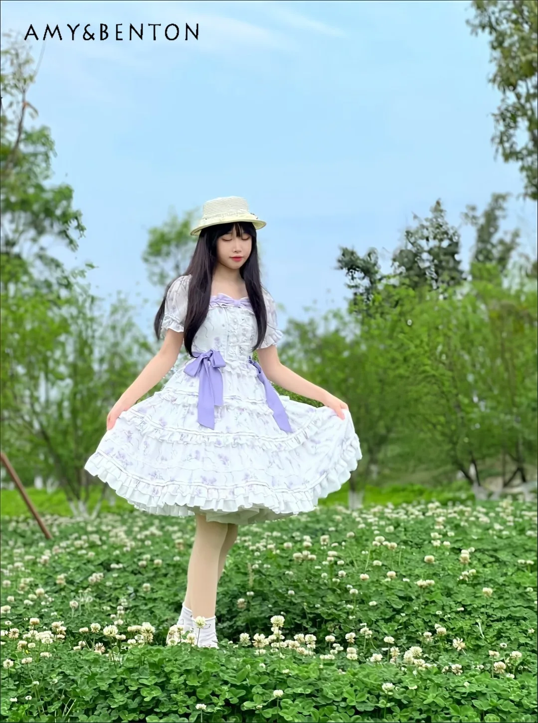 Estilo japonés novedad de verano mujer Lolita púrpura de manga corta de cintura alta ajustado elegante medio abierto cuello arco A-line vestido