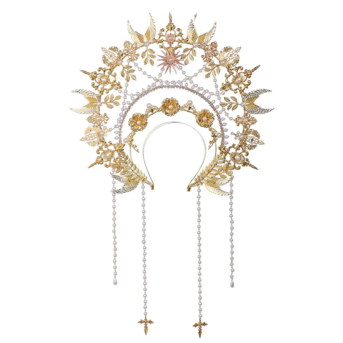 

Sun Goddess Angel KC Halo Crown Headpiece Gold Queen Anna Baroque Pearl Tiara Headband Lolita Collection Gothic Accessories