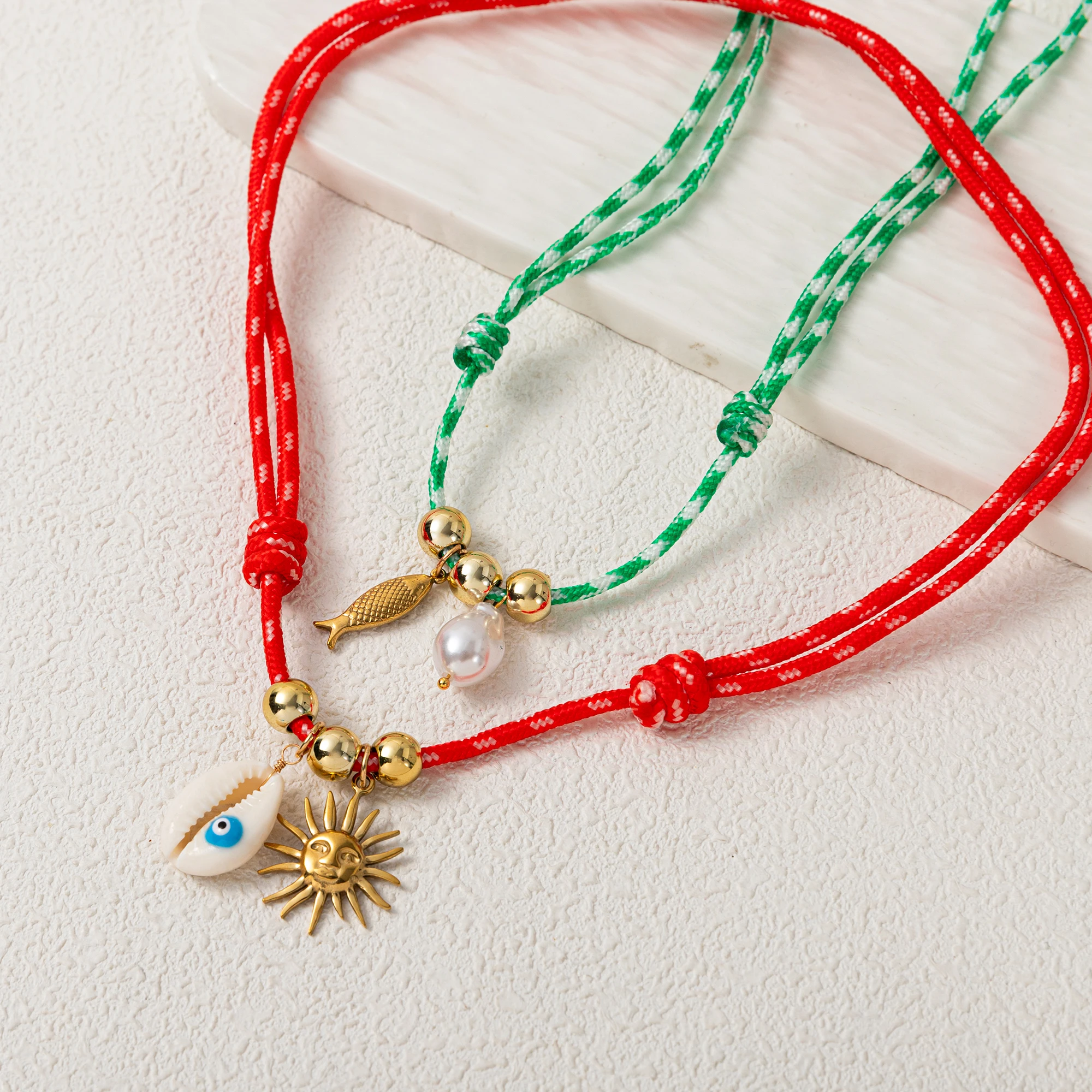 

Boho Evil Eye Sun Pendant Necklace 18K Gold Plated Stainless Steel Charm Handmade Beach Rope Jewelry for Women