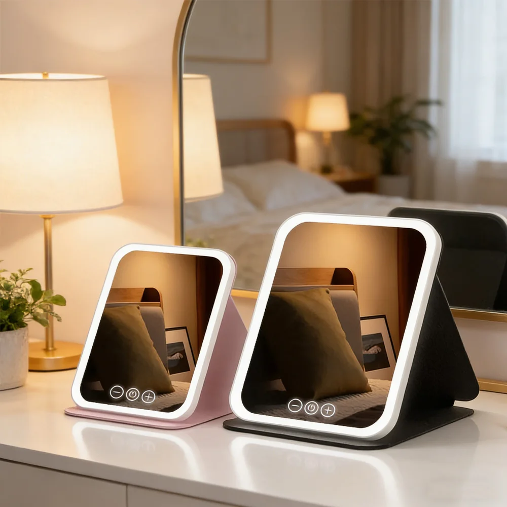 Lusterko do makijażu z podświetleniem LED, składane, ładowalne, przenośne - kompaktowe lusterko kosmetyczne do podróży i na biurko