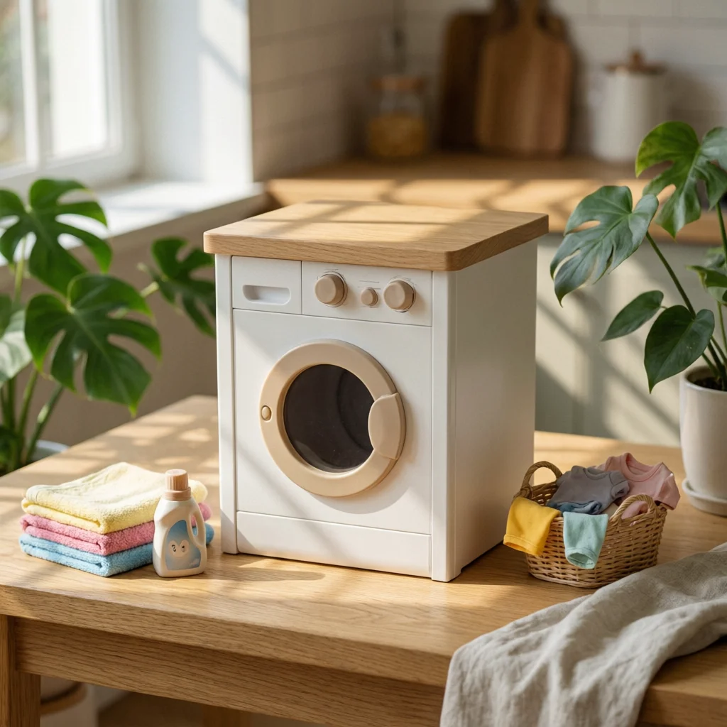 Toy Washing Machine Wooden Washing Machine Toy Play Washer Compact Washer and Dryer Playset Educational for Children, Playroom