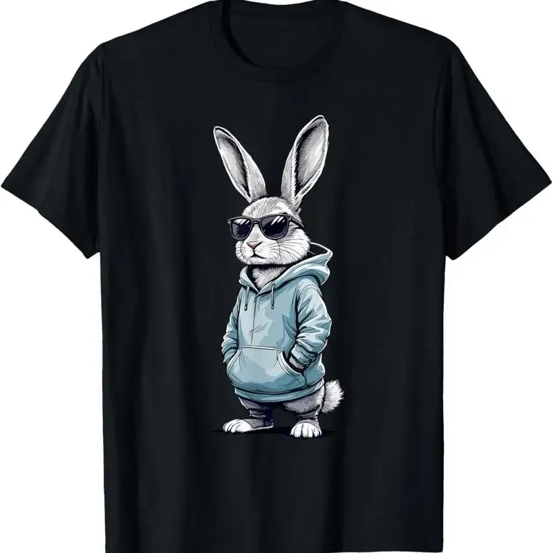 

Cool Rabbit In Hoodie And Sunglasses Graphic Tee Breathable Cotton T-Shirt For Men