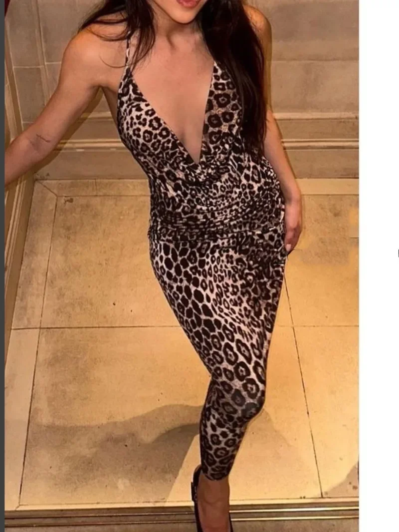 

2024 Summer New Animal Printing Leopard Silk Mesh Halter Lace-up Dress Women Fold Dress Fashion Party Slim Long Dress Elegant
