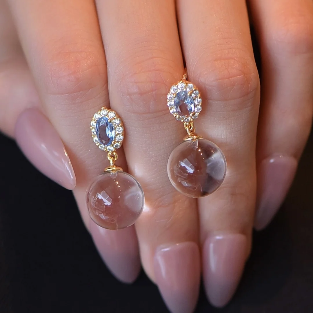 

1 Pair Fengbaowu Natural Stone Rock Quartz Earring Sphere Ear Stud 925 Sterling Silver Crystal Fashion Jewelry Gift For Women