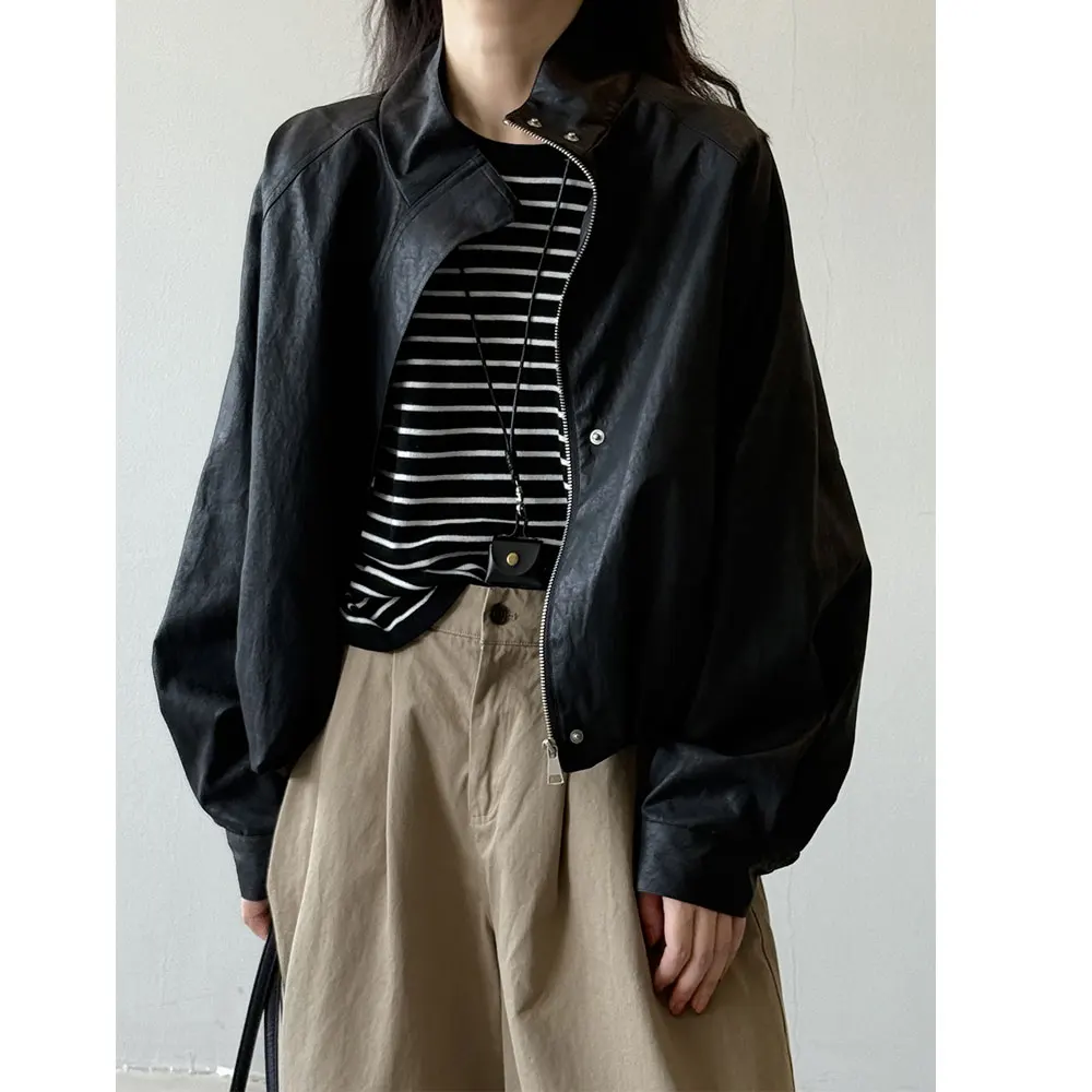 المرأة خمر بولي Leather سترة جلدية معطف الموضة الكلاسيكية الأسود اللون الخريف الربيع سترة باردة فام Casaco Abrigo الشارع الشهير