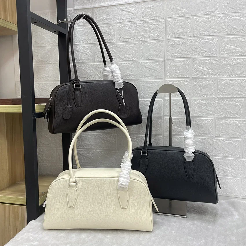 Litchi Grain Leather Bowling Bag, Genuine Leather Pillow Boston Bag, Women's Premium Single Shoulder & Top-handle Handbag