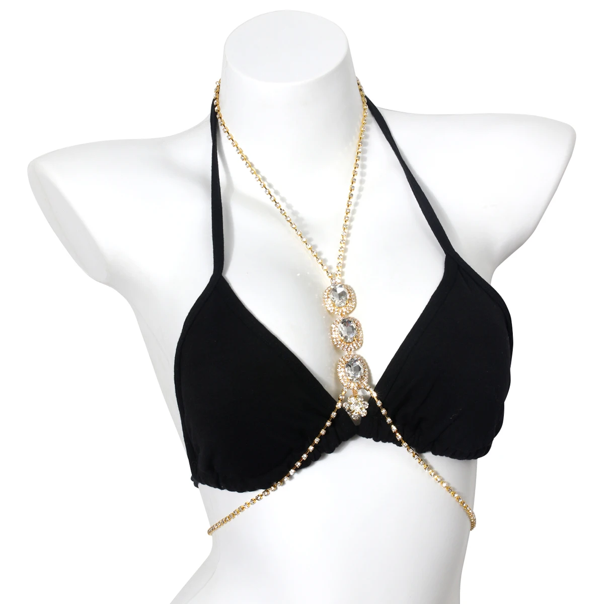Light luxury single-layer hanging neck sparkling rhinestone chest chain nightclub party women's body chain jewelry