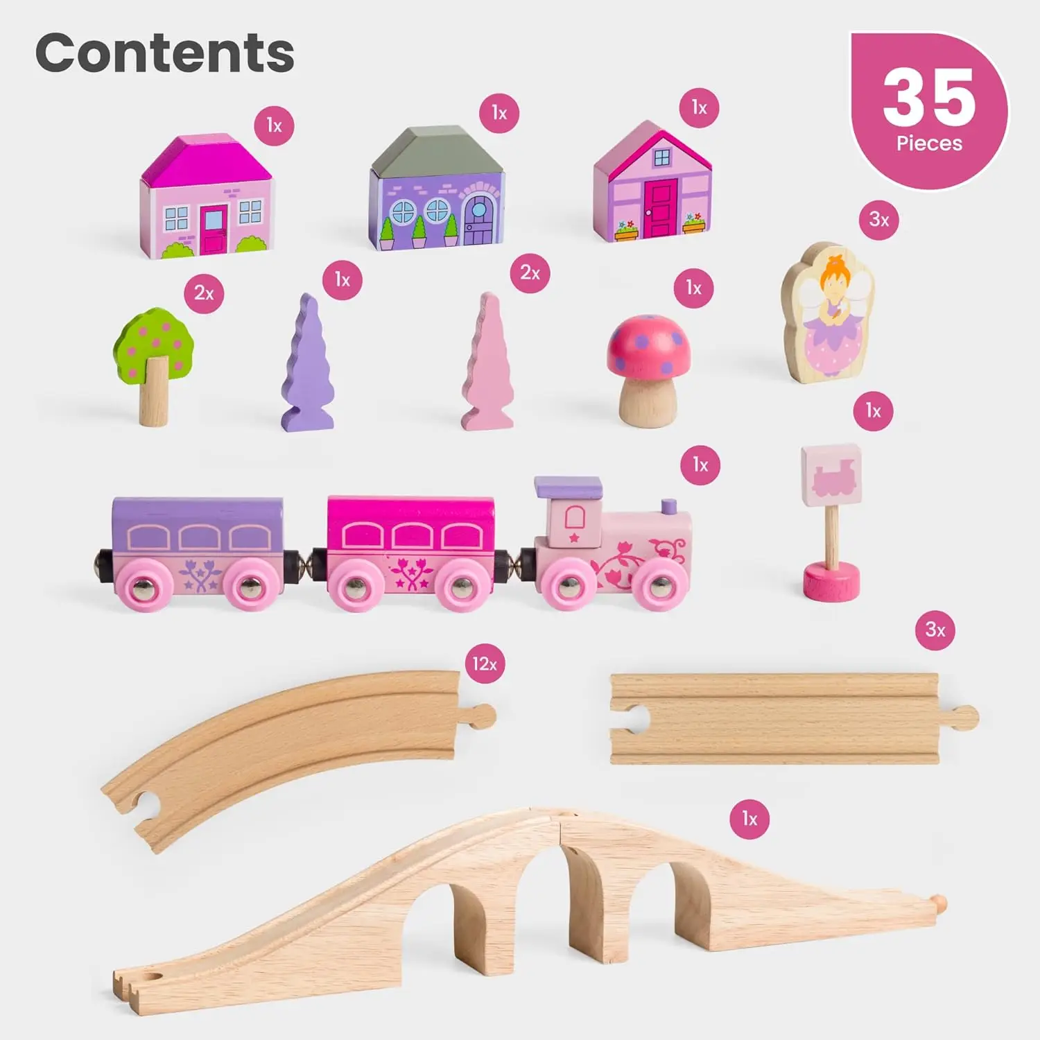 Set Kereta Api Bigjigs Rail Fairy Figure of Eight - 35pc Rel Kayu Pink, Kereta Api Mainan & Aksesoris, Mainan Putri untuk Anak-Anak, Compa