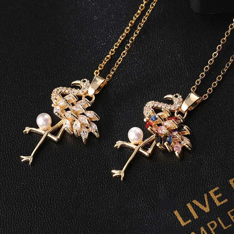 Ketting Vrouwen 18K Vergulde Kleurrijke Zirkoon Kristallen Dier Flamingo Populaire Mode Sieraden Paar Cadeau