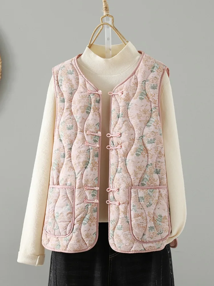 Chinese Style Wave Pattern Printed Cotton Vest Women's Winter Zen Clothes Buttonless Collar Jacket Shoulder Pad Cotton Coat