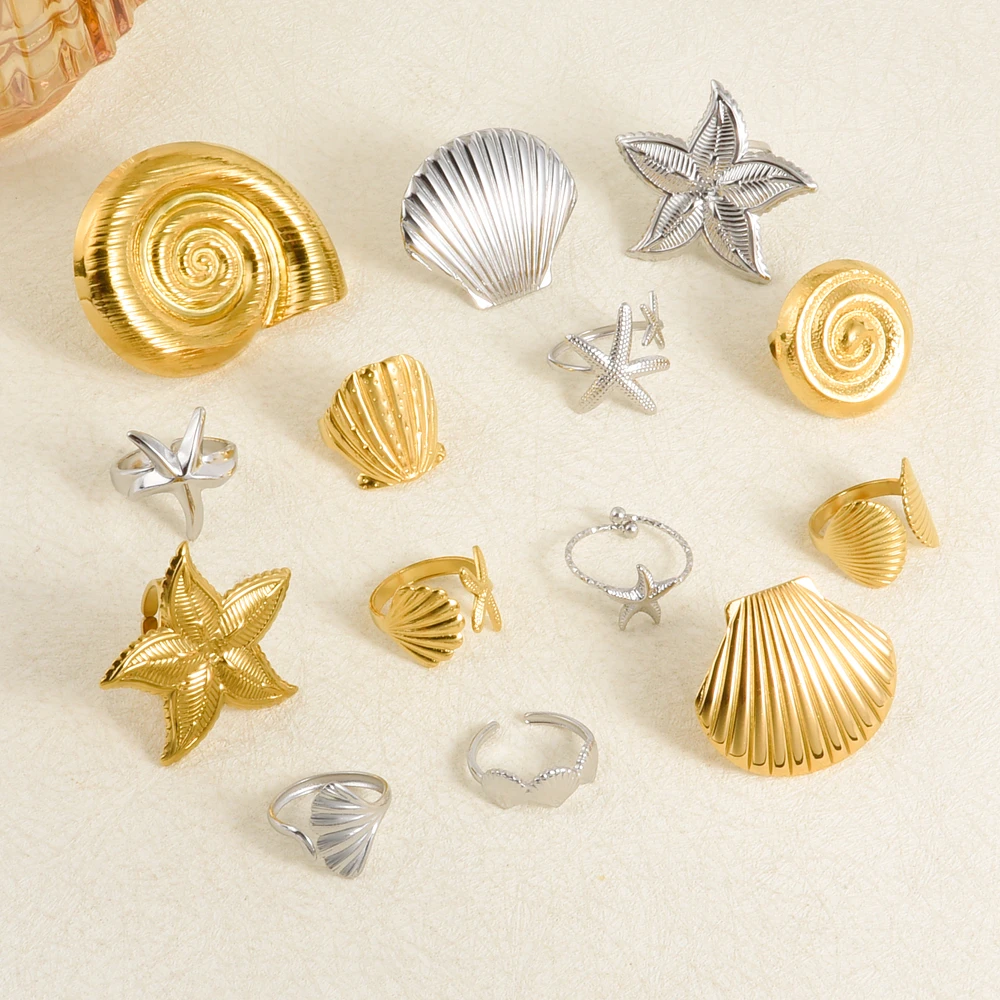 10pcs/lot Wholesale Stainless Steel Summer Beach Marine Animal Ring Metal Starfish Shell Conch Rings Bijoux Femmes Jewelry Gift