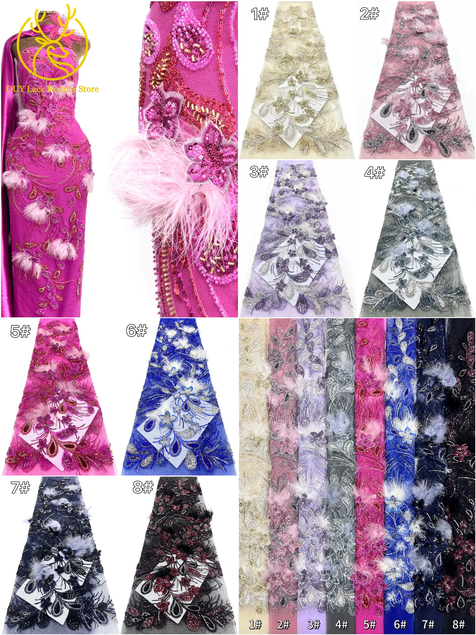 Neues Design Afrikanischer Spitzenstoff mit Pailletten, Perlen, Mesh-Spitze, luxuriöse 3D-Feder-Stickerei, Tüll-Spitzenstoff zum Nähen von Brautkleidern – Detail 3