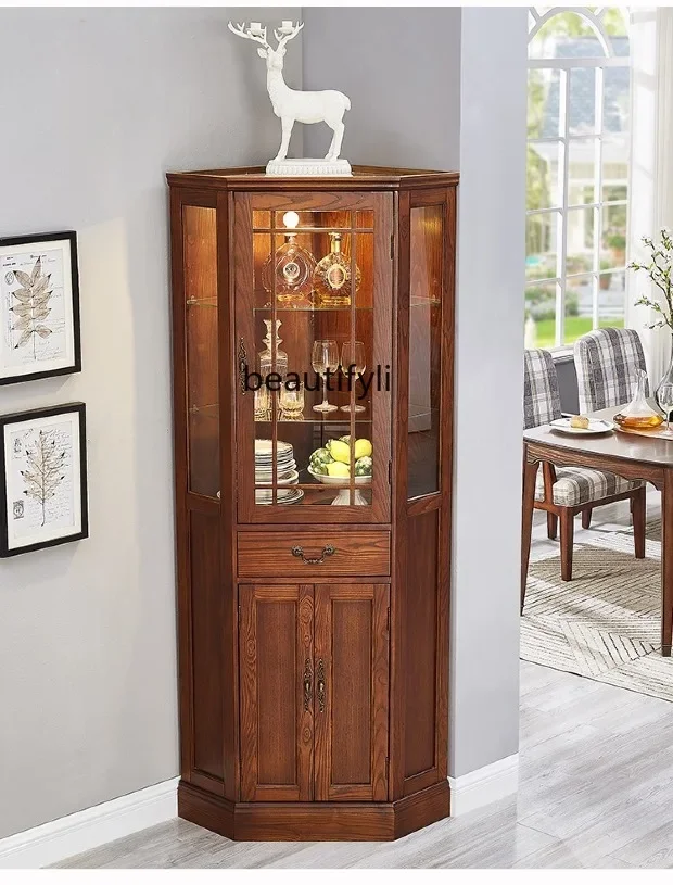 AY55 American Style Corner Cabinet with Lights, Solid Wood Storage Cabinet for Living Room, Vintage Corner Glass Triangle Cabine