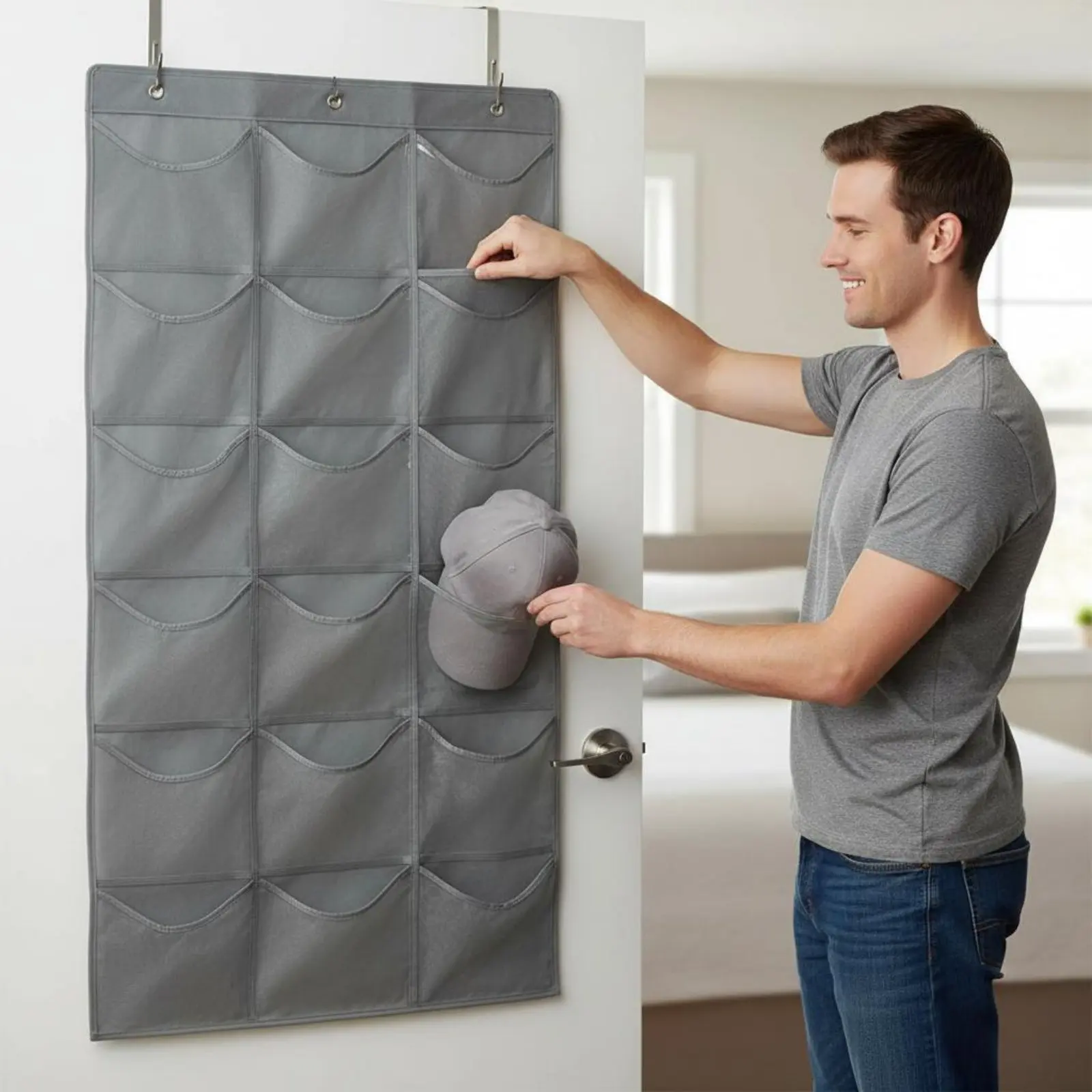 

Hanging Hat Storage Bag Large Capacity Sports Cap Organizer over the Door Hat Organizer Clear Pockets Dustproof for Closet