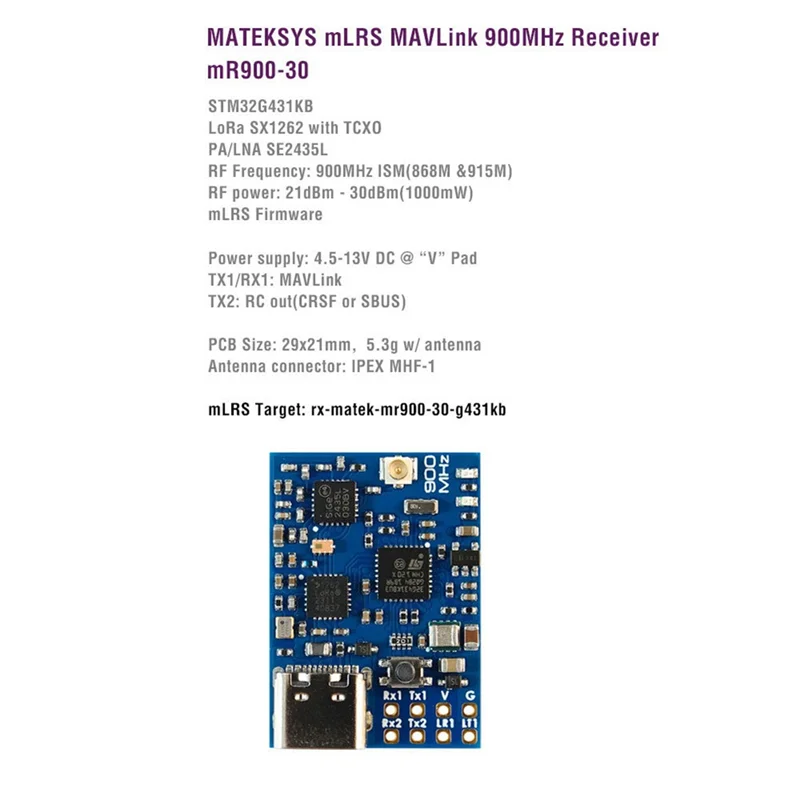 B04B-Mavlink 900Mhz Receiver MR900-30 Module 21Dbm-30Dbm RF Power With TCXO For Long Range FPV RC Models