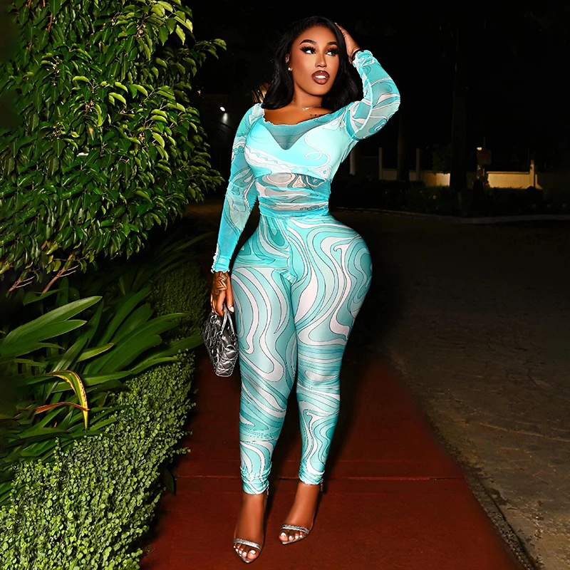 Woman Art Print Sexy Mesh See Through 2 Piece Sets Long Sleeve Crop Tops And High Waist Skinny Pants Party Club Suits