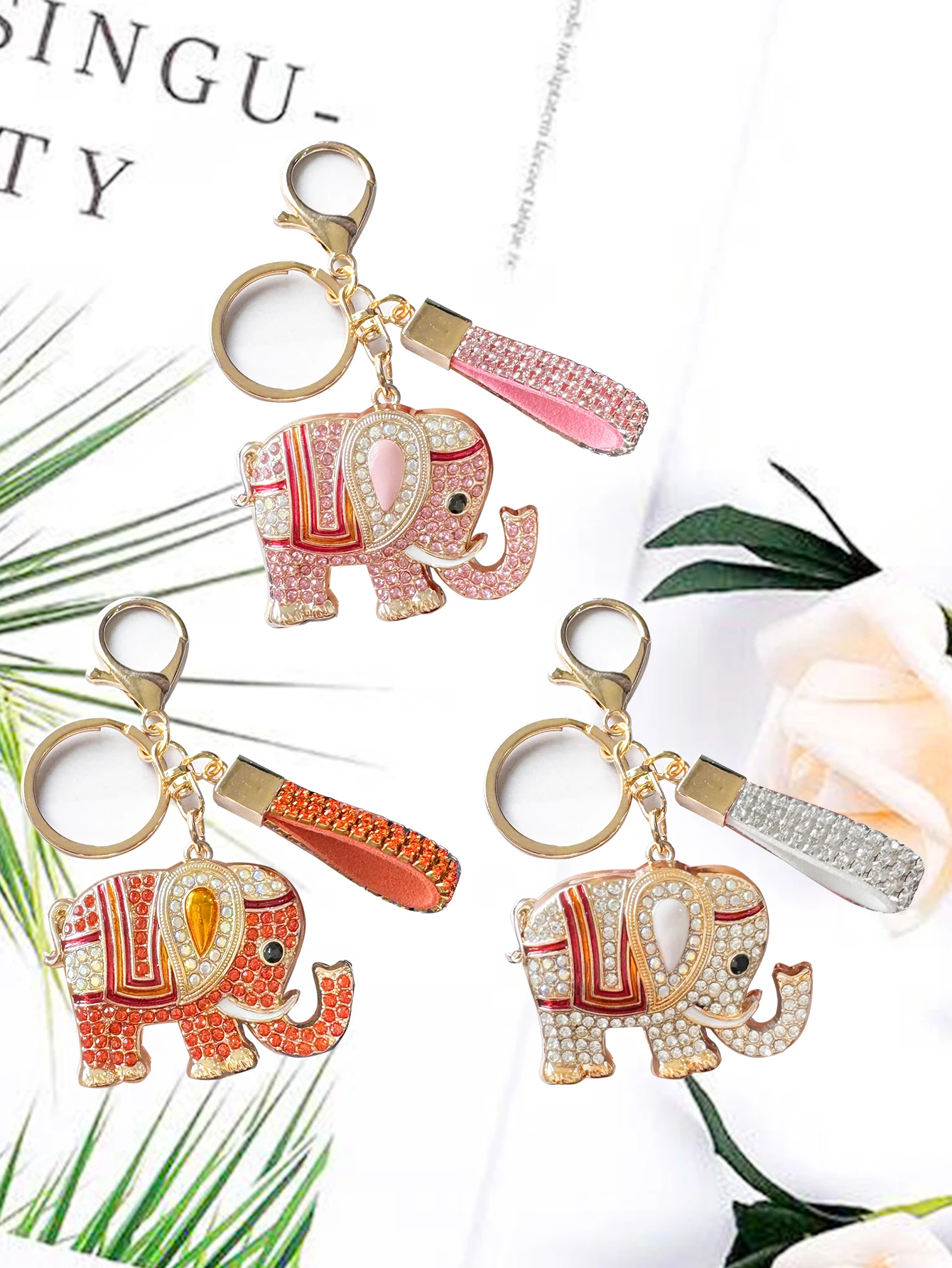 Fashionable men\'s and women\'s full diamond pink/orange/white ethnic style Thai auspicious elephant keychain exquisite men\'s and