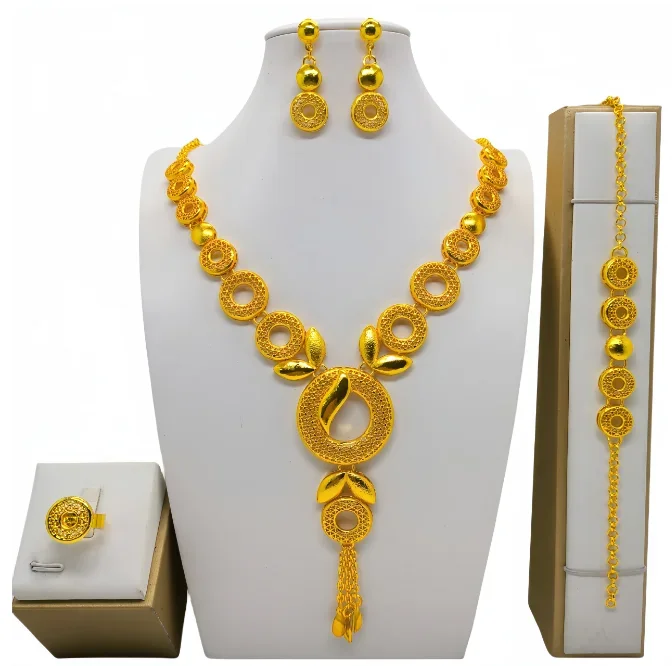 Conjunto de joyería de lujo para mujer, pulsera africana, pendientes, collar, anillo, diseño de flores de Dubai, Color dorado de 24 quilates, 4 piezas