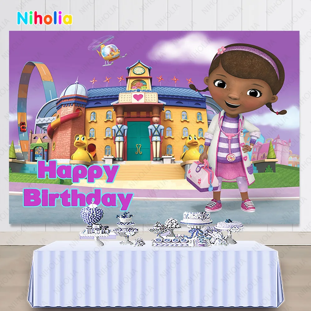 NIHOLIA  Doc Mcstuffins Photography Backdrop Girls Birthday Party Snowman Sheep Doll Photo Background Vinyl Decoration Banner