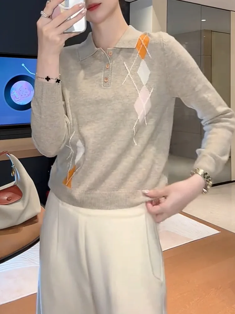 

Корейский вязаный свитер с ромбовидным узором, облегающий топ больших размеров, осенняя новинка, функция сохранения тепла, длинный рукав