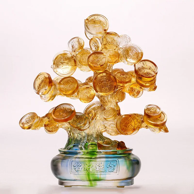 Business Boom Colored Lucky Money Tree Chinese Gold Ingot Crystal Fortune Pot Ornaments Wealth Fengshui Home Office Table Decor