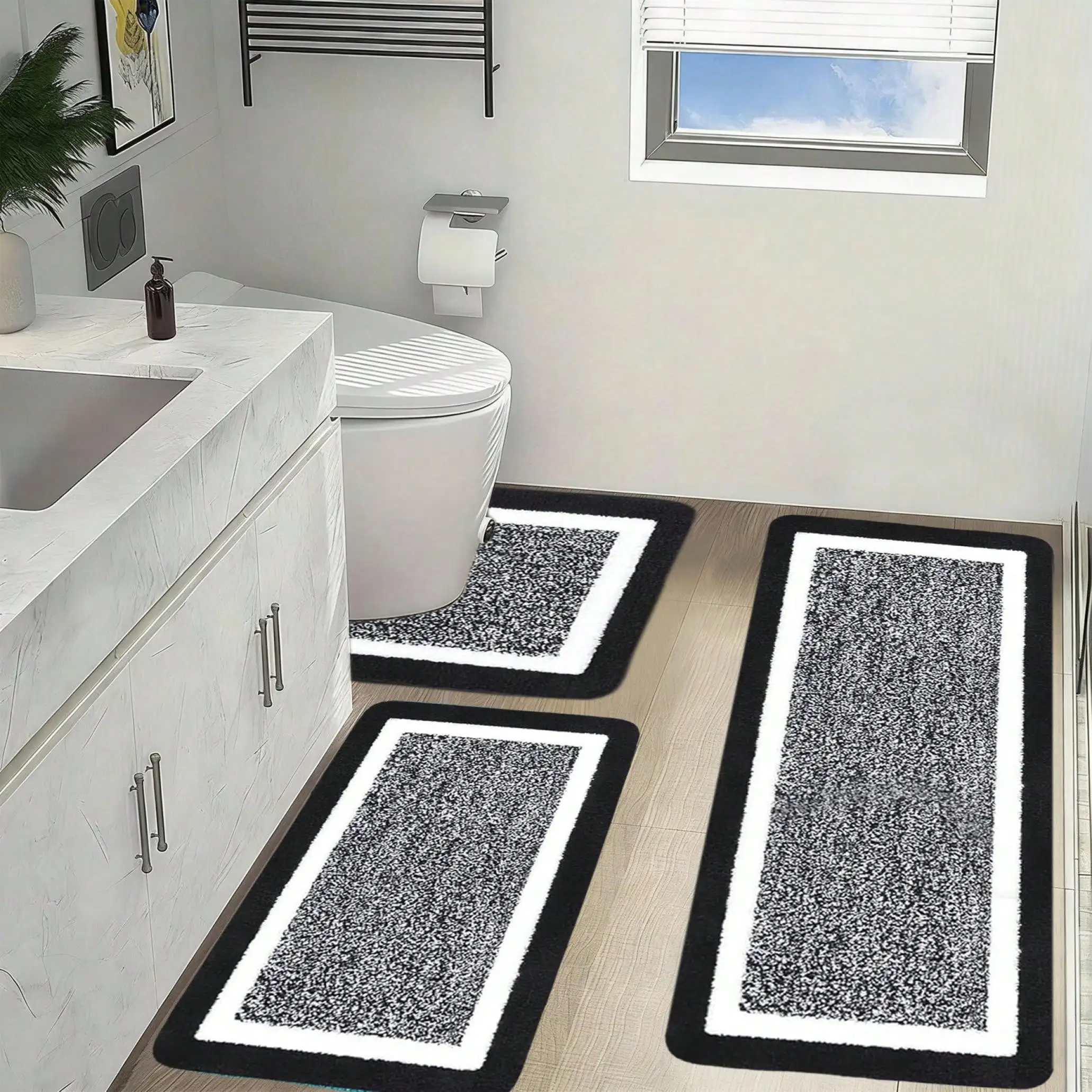 Bathroom Rugs Sets 3 Piece Bathroom Shower Rugs With U-Shaped Contour Toilet Mat Absorbent Microfiber Plush Bath Mats Non Slip Bath Rugs Machine Washable Shaggy Bath Floor Mats, Light Beige