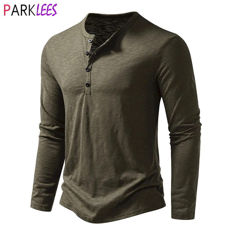 Army Green Henley T Shirt  Men 2023 Vintage Long Sleeve Distressed Tshirts Mens Button Down Washed T Shirt Male Tee Shirt Homme