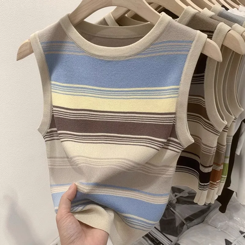 Color Blocking Cross Knitted Striped Vest For Women Summer Slim Fit Sleeveless Short Camisole Top Female Tanks