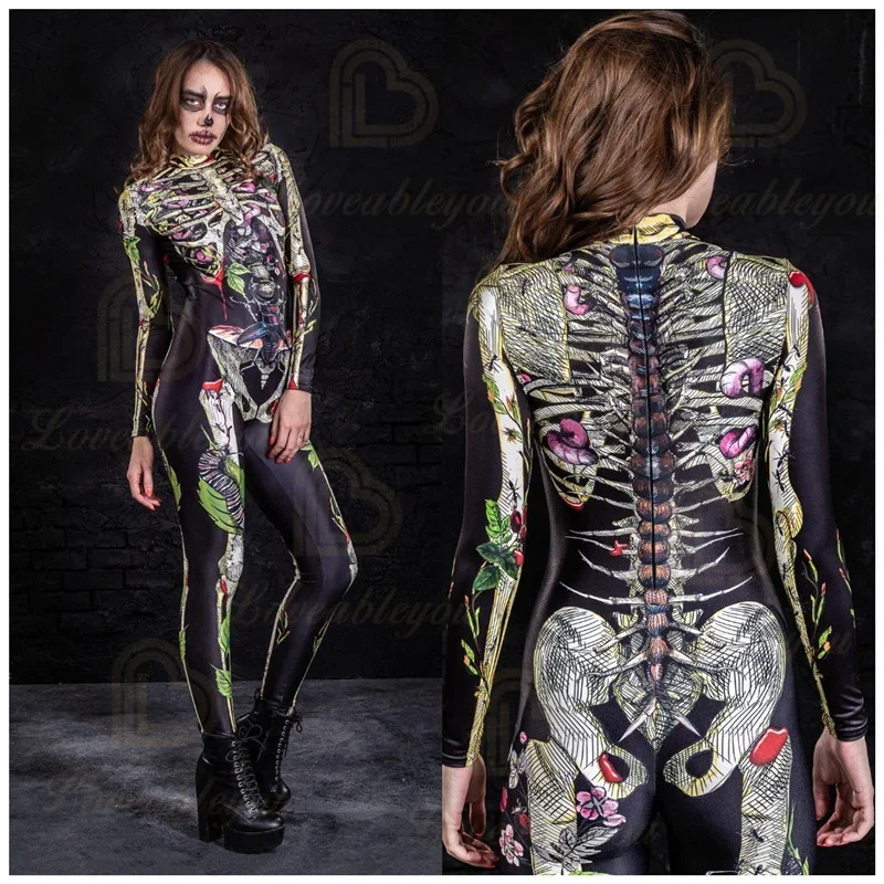 Skelet Bloem Vlinder Pak Volwassenen Super Held Cosplay Kostuum Zentai Halloween Bodysuit Catsuit Spandex Dames Jumpsuits